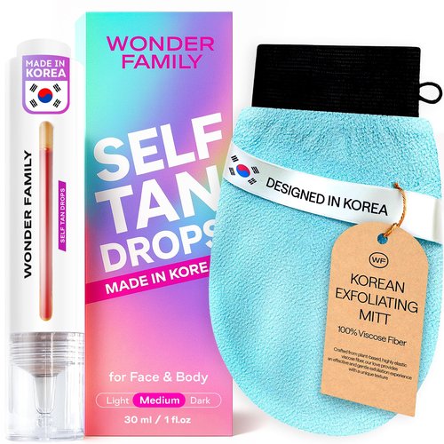 Self Tanning Drops Kit with Exfoliating Mitt to prepare your skin – Made in Korea, Natural Ingredients, Aloe Leaf Juice & Hyaluronic Complex Face & Body Non-Toxic, Fragrance-Free, Self tanner kit