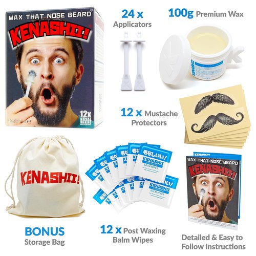 KENASHII Nose Wax Kit | 100 g Wax, 24 Applicators | Hair Removal Kit for Men and Women | Includes Balm Wipes and Mustache Guards | Lasts up to 5 Weeks