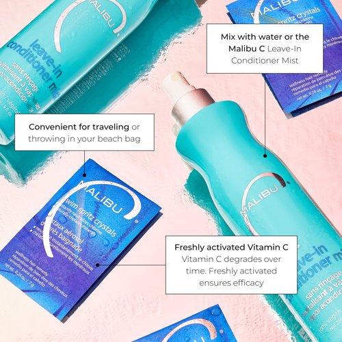 Malibu C Swim Spritz Crystals - Freshly Activated Vitamin C Hair and Skin Spray for Post-Swim Chlorine Removal - 100% Vegan and Cruelty-Free (12 Packets)