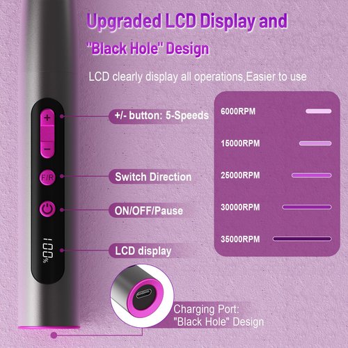 SnnyNyx Electric Nail Drill Professional, 35000RPM Cordless Acrylic Nail Kit for Nail Polish Remover, Electric Nail File Buffer Grinder, Nail Filer Electric Manicure and Pedicure kit (Matte Gray)