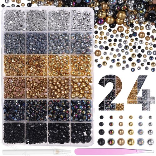 9000Pcs Gold Silver Black Half Pearls for Crafting, Flatback Pearls for Bedazzling, 3-8mm ABS Flatback Gold Pearl for Nails Art DIY Crafts Shoes Clothes Bags DIY Making
