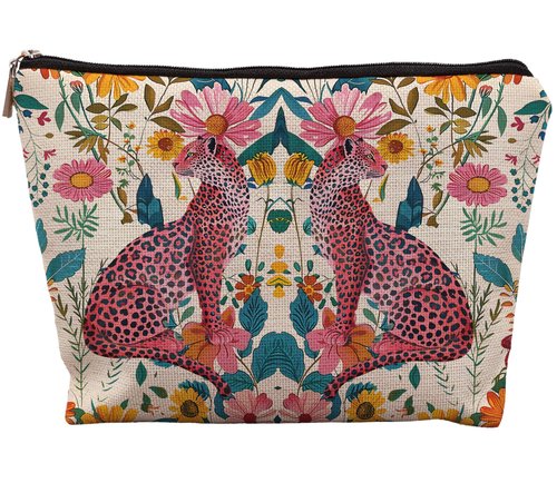 uinwk Floral Leopard Makeup Bag, Hot Pink Preppy Leopard Cheetah Makeup Bag, Preppy Stuff, Leopard Print Gifts for Women, Floral Cosmetic Bag Makeup Pouch