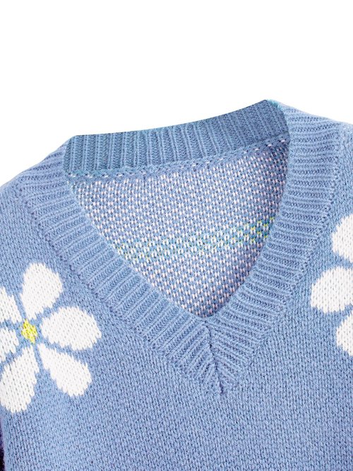 SHENHE Girl's Floral Print V Neck Long Sleeve Knitted Cropped Sweater Jumper Tops Blue 11-12Y