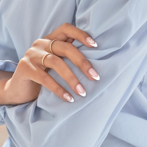 KISS imPRESS No Glue Mani Press On Nails, French, 'Fearless', Light Neutral + White Tip French, Medium, Almond Shape, Includes 30 Nails, Prep Pad, Instructions Sheet, 1 Manicure Stick, 1 Mini File