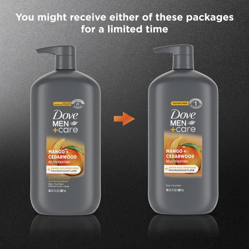 DOVE MEN + CARE body and face wash rejuvenating mango + cedarwood for Men, with 24-Hour Nourishing Micromoisture Technology, 30 oz