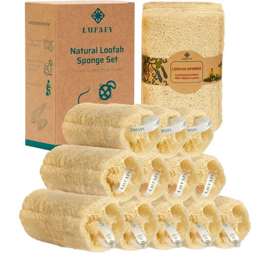 LUFAFY Natural Loofah Sponge 12‑Pack (6"), Exfoliating Body Scrubber for Shower, Bath & Kitchen – Plant-Based