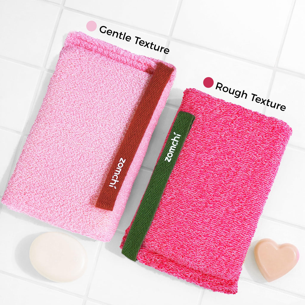 ZOMCHI Body Scrubber, Exfoliating Sponge with Different Levels, Body Exfoliator for Removing Dead Skin, Gentle & Deep Scrub for Women & Men (2-Pack, Pink)
