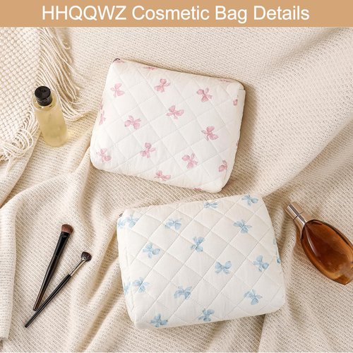 HHQQWZ Large Quilted Cotton Makeup Bag Cosmetic Bag for Women, Cute Large Floral Cotton Travel Cosmetic Bag, Zipper Toiletry Bag Makeup Organizer Storage Bag (Pink Bow Tie)
