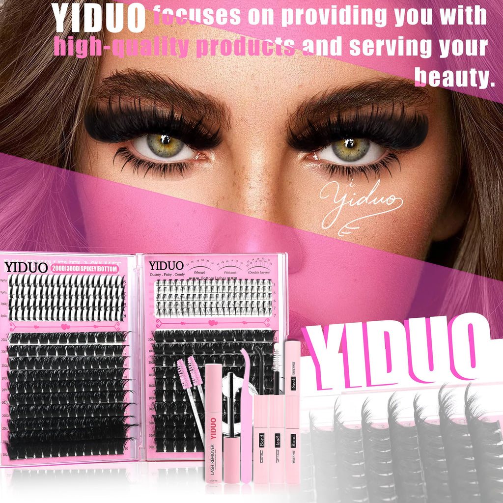 YIDUO Lash Clusters Kit 200D+300D+Spikes+Bottom Cluster Lashes Extensions Kit with Lash Bond and Seal |Tweezers |Removers |Eyebrow Brush (200D+300D-10-18MIX Thick Kit)