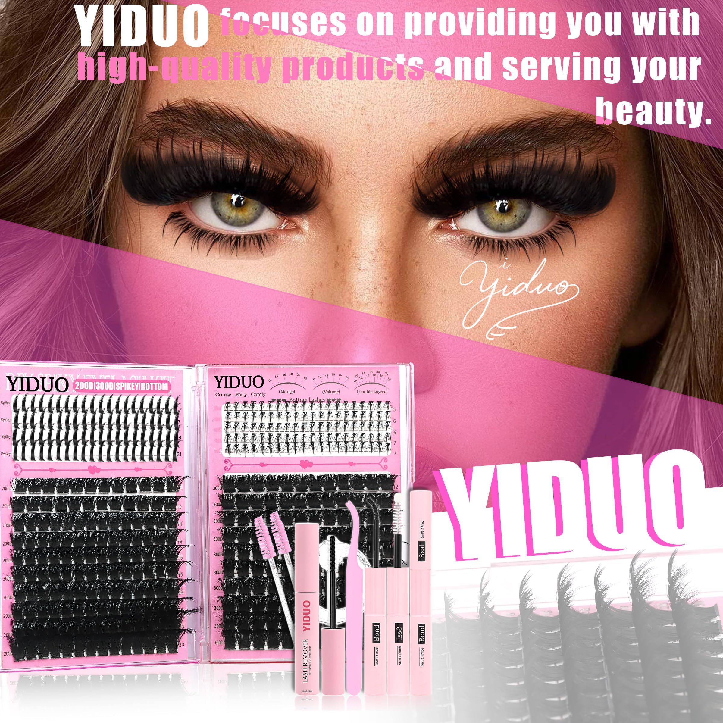 YIDUO Lash Clusters Kit 200D+300D+Spikes+Bottom Cluster Lashes Extensions Kit with Lash Bond and Seal |Tweezers |Removers |Eyebrow Brush (200D+300D-10-18MIX Thick Kit)