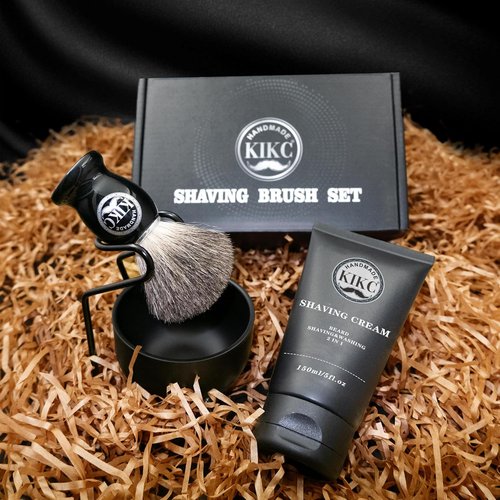 KIKC 5-In-1 Shaving Kit - Handcrafted Pure Badger Brush, Stainless Steel Bowl & Cream | Deluxe Black Gift Set for Bearded Men