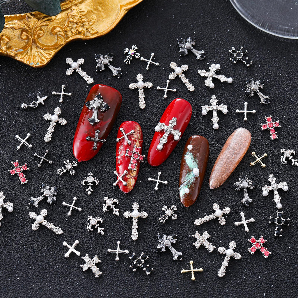 ZUMILLMN 100pcs 3D Cross Nail Charms 8 Styles Metal Nail Art Charms White Gold Silver Gold Black Cross Charms for Nails（100pcs）