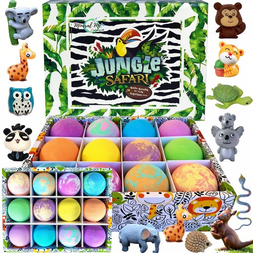 Bath Bombs for Kids with Surprise Inside, 12 Bubble Bath Fizzies with Jungle Animal Toys. Moisturizing, Gentle & Kids Safe, Rainbow Spa Bath Fizz, Birthday Gift Easter Basket Essentials for Boy Girls