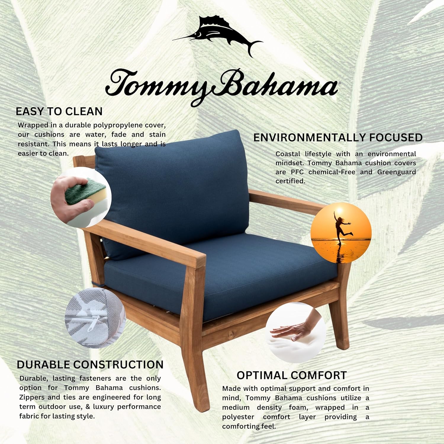 Tommy Bahama Outdoor Lounge Chair Cushion Set - Sunbrella® Fabric, Bamboo Bay Cobalt Color
