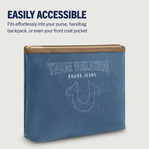 True Religion Women's Makeup Bag, Small Travel Cosmetic Zipper Pouch Organizer, Gold Hardware, Denim
