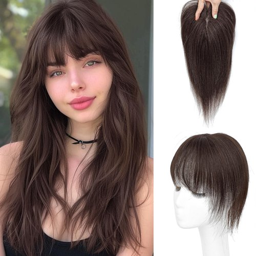 BUPPLER Hair Toppers for Women Real Human Hair-U Shape Toppers Hair Pieces for Women with Thinning Hairr 150% Density Silk Base Clip in Human Topper with Bangs for Daily Use(Dark Brown