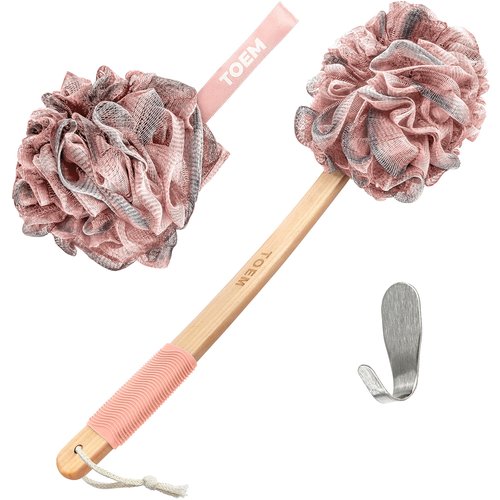 Toem® Loofah Back Scrubber for Shower | Bamboo Charcoal Fiber Infused | Loufas for Men & Women | Includes 1 Long Handled Shower Sponge, 1 Bath & Shower Luffa Pouf & 1 Hook to Hang Stuff (Rose Pink)