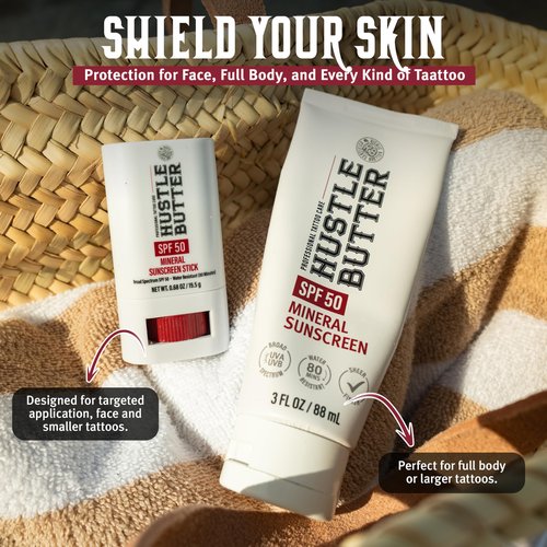 Hustle Butter Tattoo Aftercare Sunscreen Stick - Tattoo Sunscreen Stick, Fade Protection SPF 50, Hydrating with Shea Butter & Coconut Oil, TSA-Friendly, Water Resistant, Non-Greasy, 0.68 oz