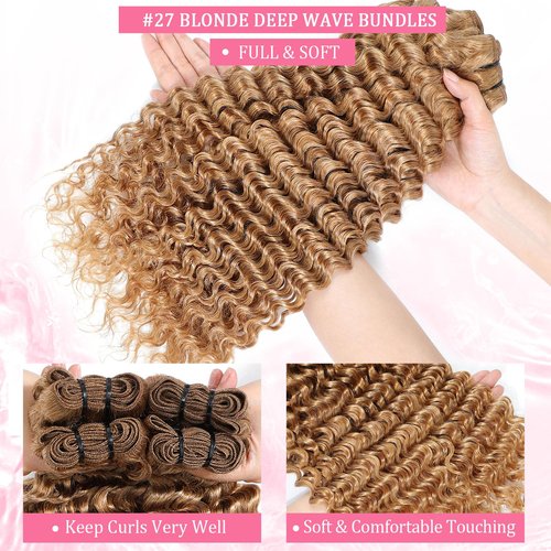 #27 Blonde Deep Wave Human Hair Bundles 20 Inch 12A Brazilian Human Hair Curly 1 Bundle Honey Blonde Wet and Wavy Bundles for Black Women