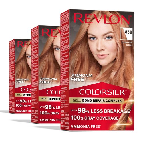 Revlon ColorSilk Blonde Permanent Hair Color - 100% Gray Coverage, Ammonia Free, Vegan Keratin | 85B Strawberry Blonde (Pack of 3)