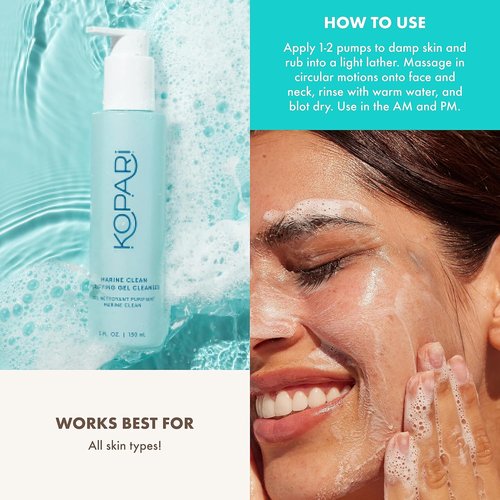 Kopari Marine Clean Gel Cleanser - Gentle Gel-to-Foam Formula with Amino Acids & Vitamin B5, 5 oz