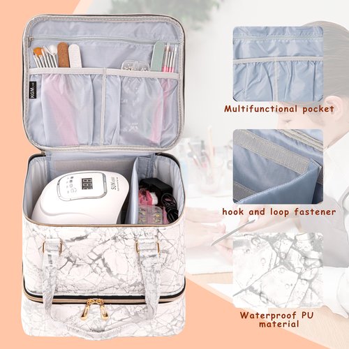 KGMCARE Nail Polish Organizer, Double Layer Nail Polish Storage Bag Carrying Case Holds 42 Bottles with Nail Dryer Lamp Portable Manicure kit supplies Organizer （White）