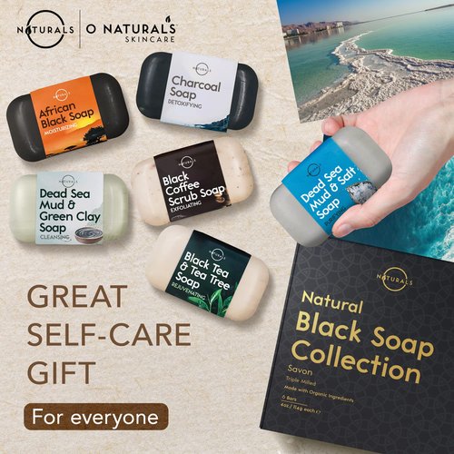 O NATURALS 100% Natural Bar Soap - Gift Set - Organic Ingredients & Essential Oils - Spa Gifts for Women & Men, Body Wash & Face Soap - 6PC Black Soap Collection