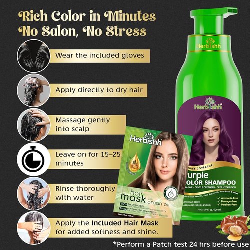 Herbishh Magic Hair Dye Shampoo - Ammonia-Free Color Treatment for Gray Hair - 500ml | Long-Lasting Purple