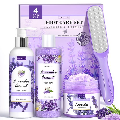 Lavender Foot Soak Set - Salts, Foot File, Scrub & Urea Cream Pedicure Supplies for Dry, Cracked Feet - Women's Spa Kit