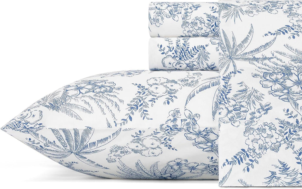 Tommy Bahama King Size Sheet Set - Crisp Cooling Cotton Percale with Matching Pillowcases & Fitted Sheet | Pen and Ink Palm Blue