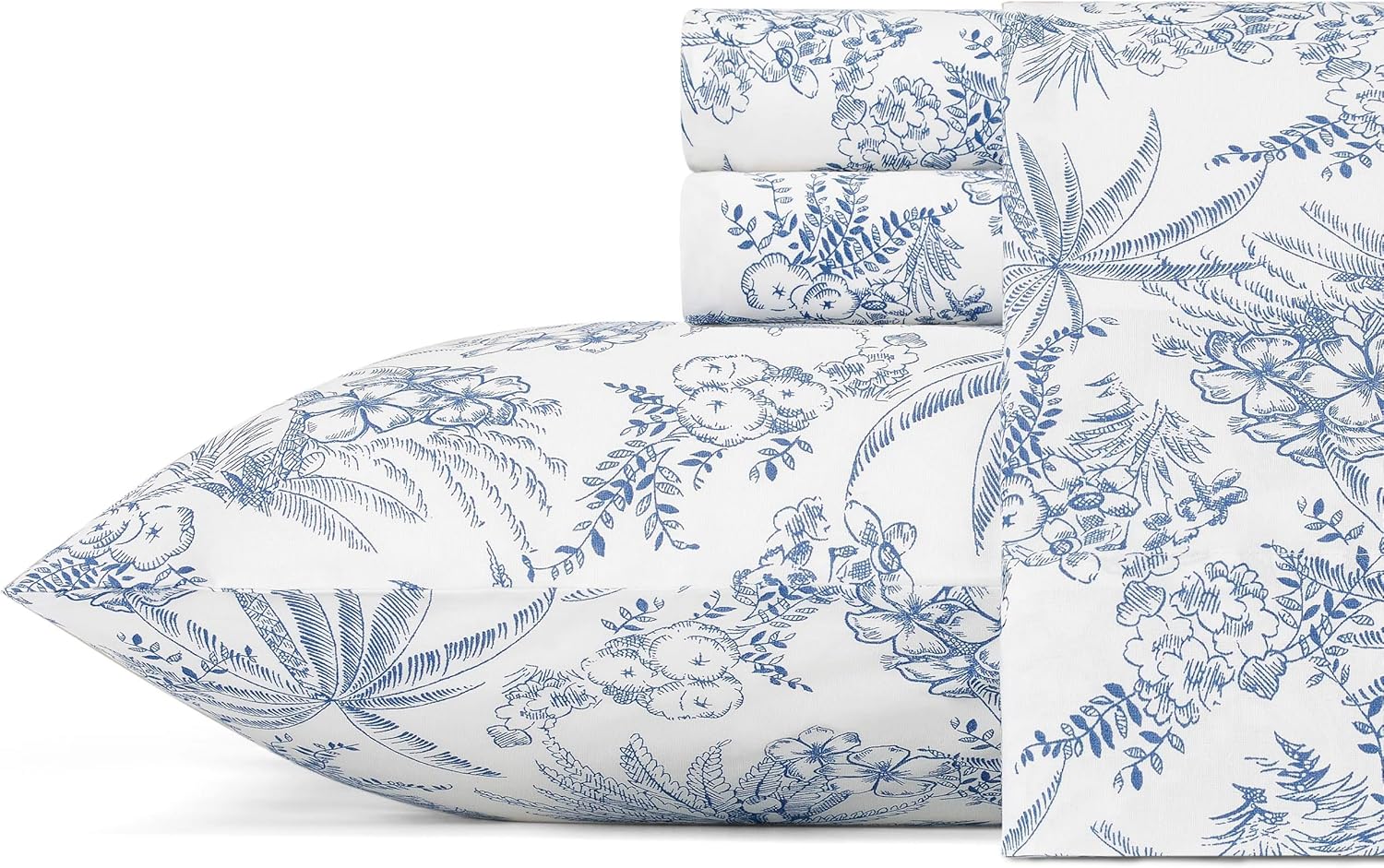 Tommy Bahama King Size Sheet Set - Crisp Cooling Cotton Percale with Matching Pillowcases & Fitted Sheet | Pen and Ink Palm Blue