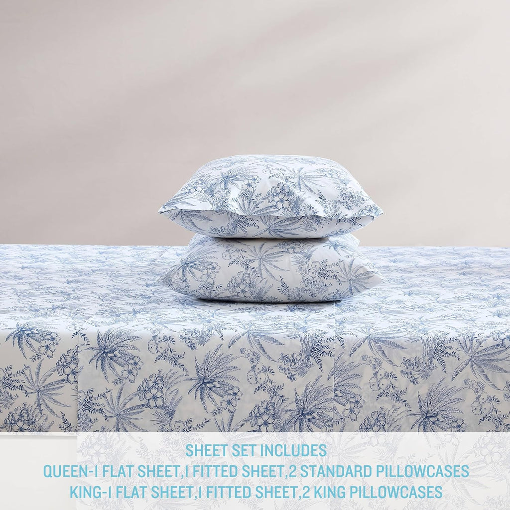 Tommy Bahama King Size Sheet Set - Crisp Cooling Cotton Percale with Matching Pillowcases & Fitted Sheet | Pen and Ink Palm Blue