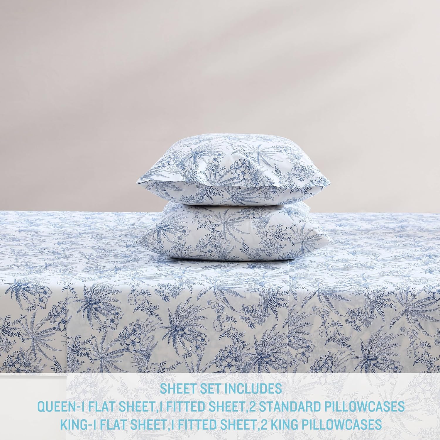 Tommy Bahama King Size Sheet Set - Crisp Cooling Cotton Percale with Matching Pillowcases & Fitted Sheet | Pen and Ink Palm Blue