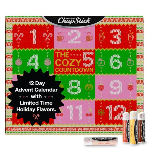 ChapStick Advent Calendar 2025 – Cozy Countdown to Christmas, Variety 12-Pack Lip Balm Gift Set, Holiday Gifts for Women, Men, Teens, Coworkers, Grandpa & Grandma Gifts, 0.15 Oz Ea