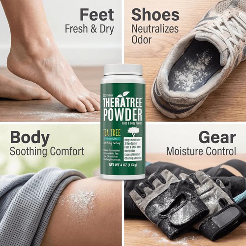TheraTree Foot, Body and Shoe Powder with Tea Tree for Odor and Moisture Control with Organic and Natural Ingredients - Fresh Scent 4 oz