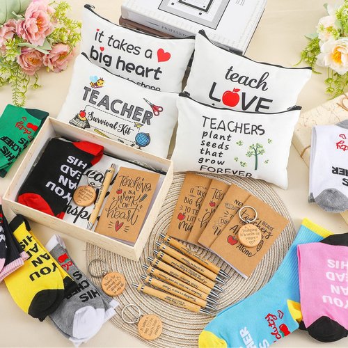 Fulmoon 40 Pcs Teacher Appreciation Gifts Teacher Valentines Gifts Bulk Socks Makeup Bags Keychains Motivational Notebooks Ballpoints(Wood Color,Teach Love Inspire)