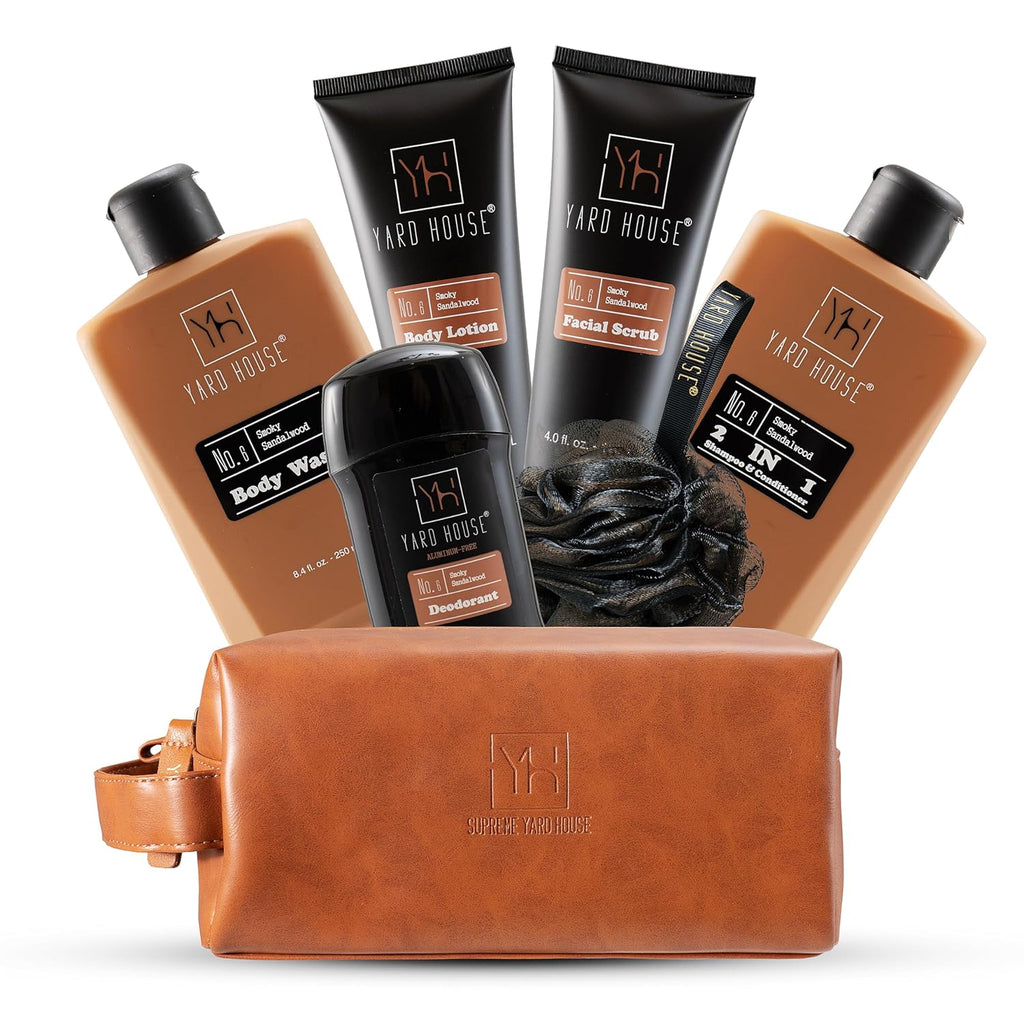 YARD HOUSE Luxury Men's Bath & Body Gift Set - Smoky Sandalwood All-Natural Skin Care Kit in Leather Bag