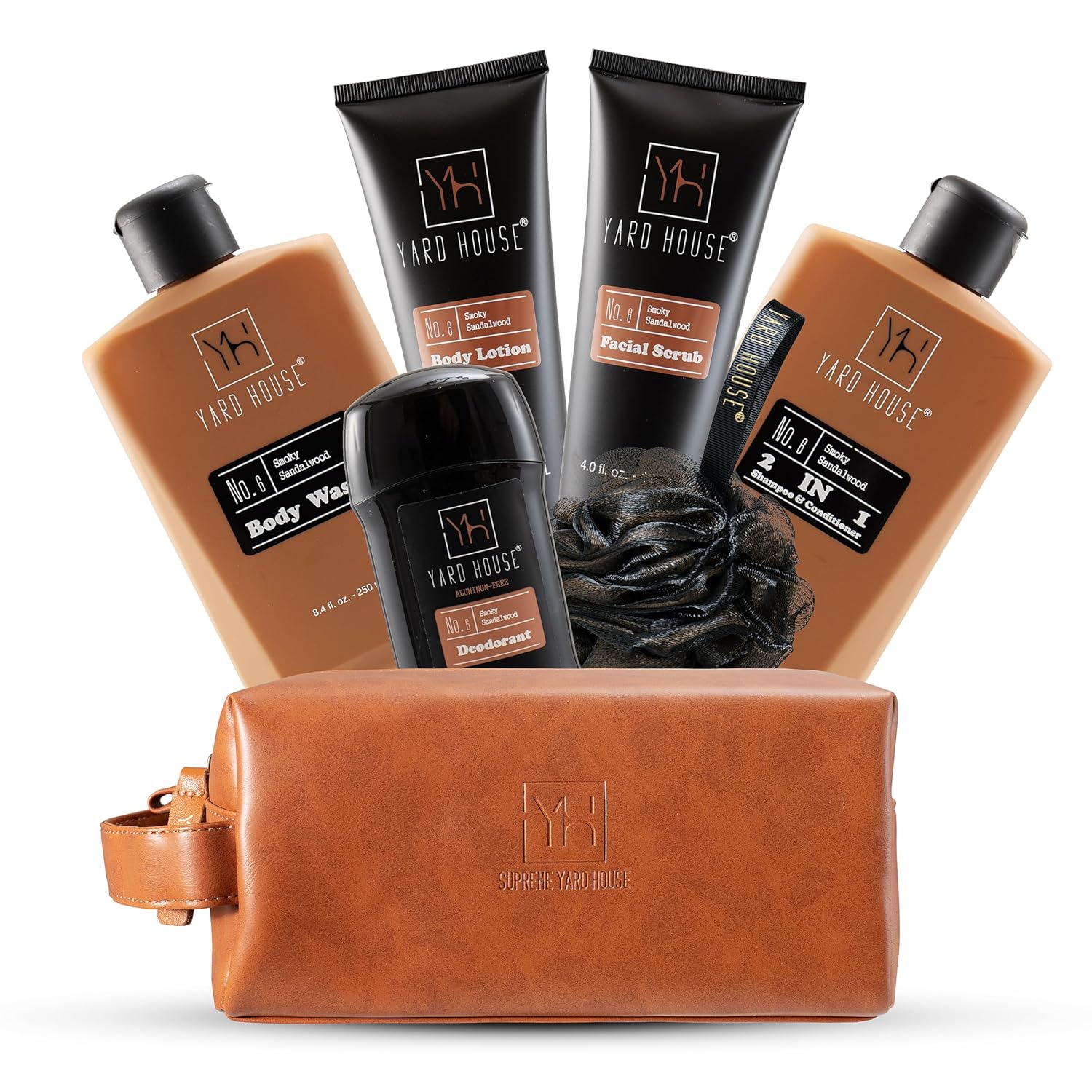 YARD HOUSE Luxury Men's Bath & Body Gift Set - Smoky Sandalwood All-Natural Skin Care Kit in Leather Bag