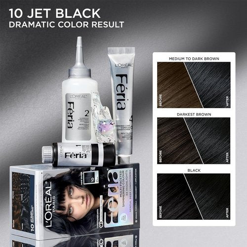 L’Oreal Paris Feria Hair Color - High Intensity Permanent Dye for 3X Highlights | 10 Jet Black