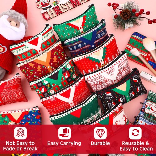 SilTriangle 24 Pcs Christmas Makeup Bags Bulk Cosmetic Bags 7 x 4.33 Inches Zipper Portable Pouch Purses Gifts for Women Holiday Travel Xmas Party Supply(Ugly Sweater)