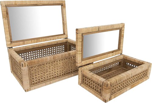 Creative Co-Op Woven Rattan and Wood Display Boxes - Modern Decorative Set of 2 with Glass Top, Natural Finish