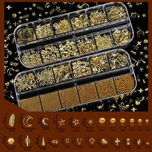 Teenitor Gold Nail Charms and Gems Set, 4 Boxes Nail Gems Nail Pearls Nail Art Tools, 3D Cross Nail Charms Heart Nail Rhinestones for Nails Supplies, Charms for Nails Design Nail Art Kit