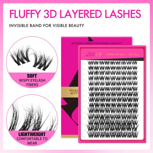 VEYESBEAUTY Lash Clusters Fluffy Individual Lash Extensions VBmuse 3D Layered Volume Eyelashes Thin & Invisible Band Wispy Faux Mink Lash Silk Bloom 3D Series Mixed Length 10-18mm