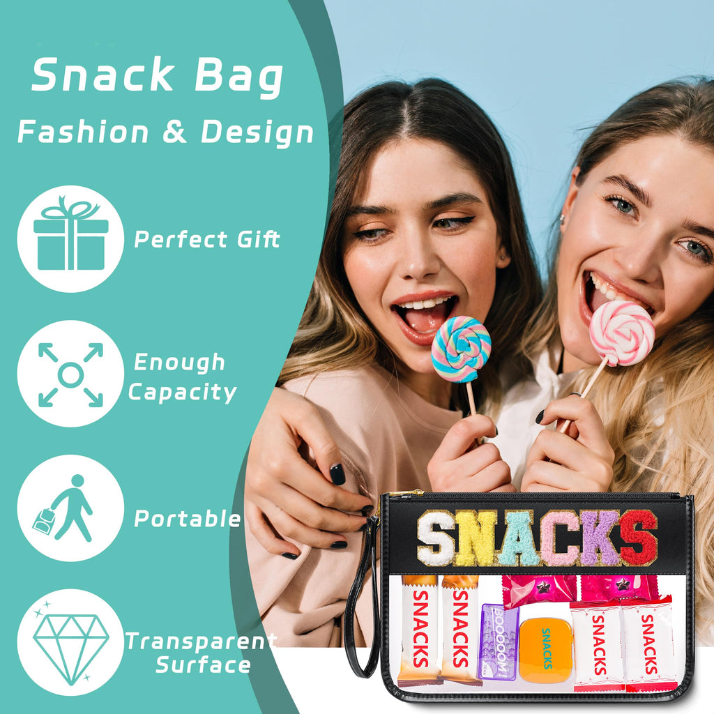 YEMEDA Chenille Letter Clear Zipper Pouch for Travel, Nylon Makeup Letter Bag, PVC Waterproof Cosmetic Bag, Snack Bags for Women Girls, Clear Stuff Bags For Travel(Black-Snacks)