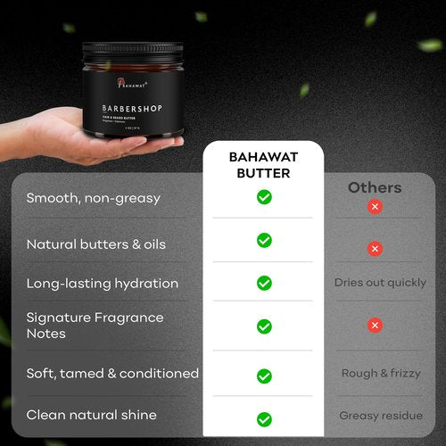 BAHAWAT Hair & Beard Butter for Men Leave-in Conditioner - Barbershop scent - Strengthen & Soften– Made in USA -Organic Natural Ingredients | The Best Beard Butter - 2 oz.