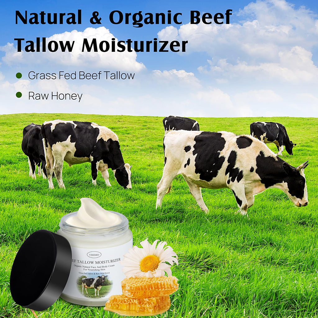 YBHMO Beef Tallow Moisturizer,Beef Tallow for Skin,Organic Grass Fed Beef Tallow with Raw Honey Moisturizing Cream, Whole Body & Face Moisturizer（4oz）