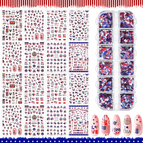 Maitys 16 Sheets 4th of July Nail Art Stickers Independence Day Nail Decals 3D Self-Adhesive Patriotic American Flag Sticker 12 Grids Star Glitter Sequins DIY 250th Anniversary Decoration Accessories