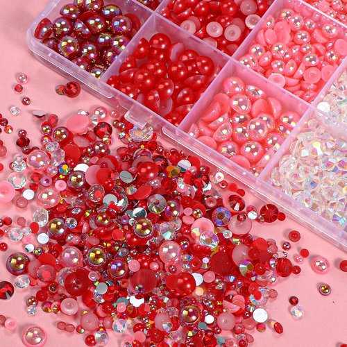22000 Pcs Red Flatback Pearls and Rhinestones Bedazzling Kit, Resin Rhinestones Gems for Crafting, Mixed Size Half Pearls Gems for Nails Face Eyes Makeup Bottles Shoes DIY Crafts