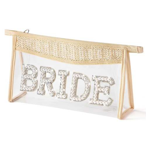 Boho Patch BRIDE Makeup Bag Clear Cosmetic Bag Zipper Travel Toiletry Bag Transparent Waterproof Makeup Bag Cute Makeup Pouch Bridal Bag Christmas Engagement Wedding Gift for Women (BRIDE White Pearl)