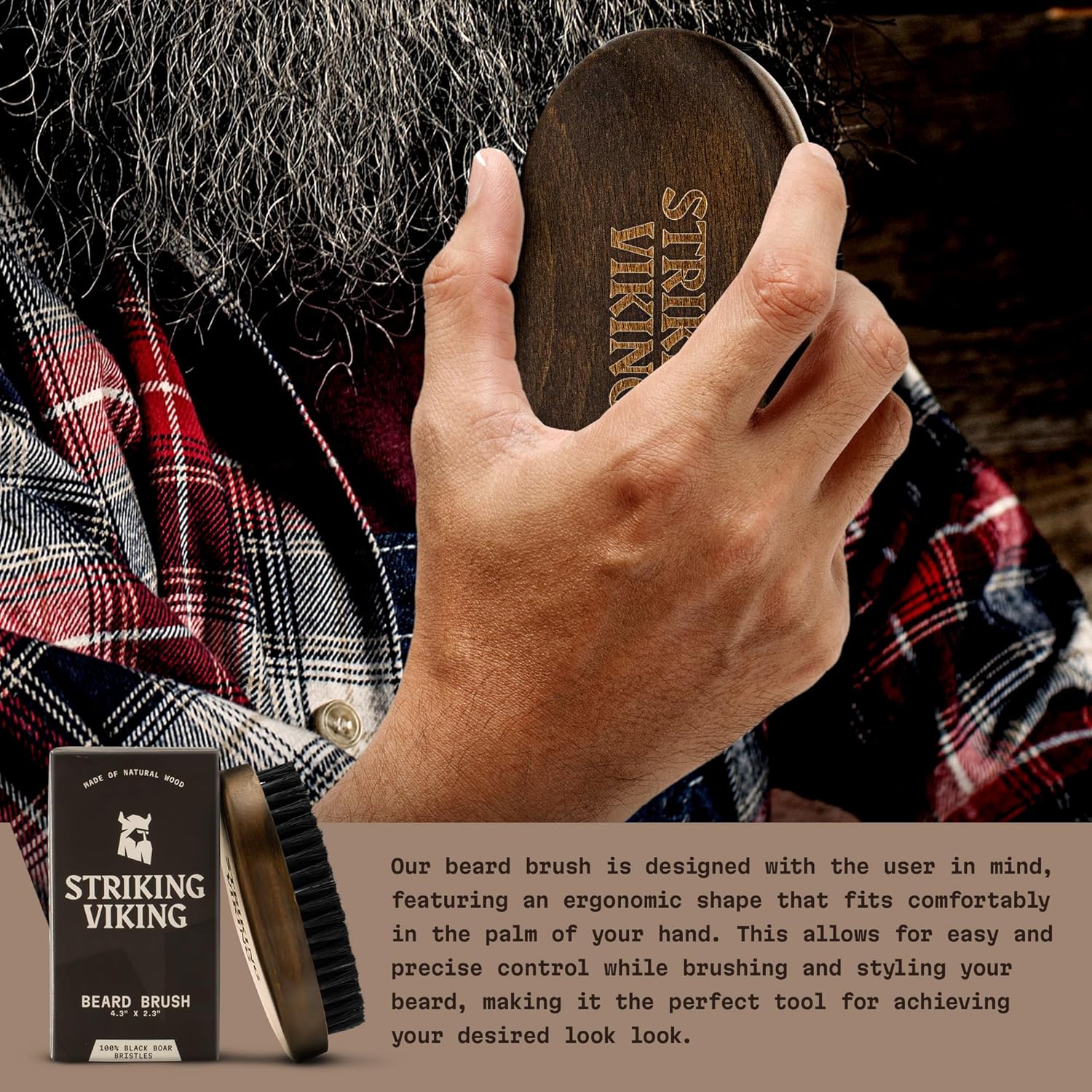 Striking Viking Beard Brush - 4.3-Inch Beech Wood Handle, Brown | Boar Bristle Grooming Tool